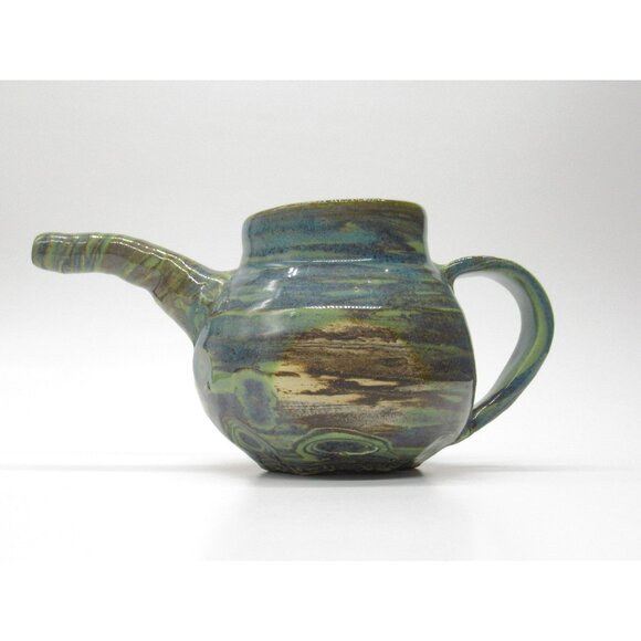 Handmade Ceramic Teapot Artisan Handle & Abstract Green Blue Swirl Glaze Signed - Picture 2 of 16
